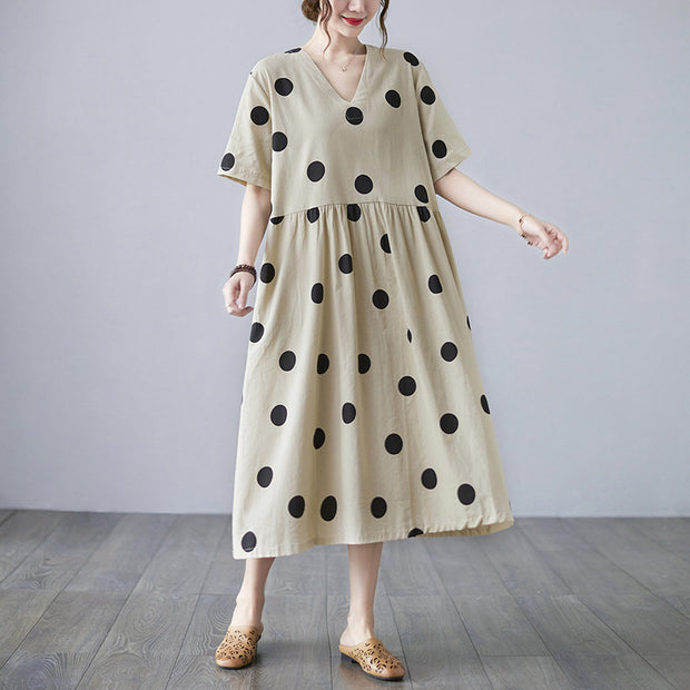Loose-paneled Cotton And Linen V-neck Short-sleeved Dress